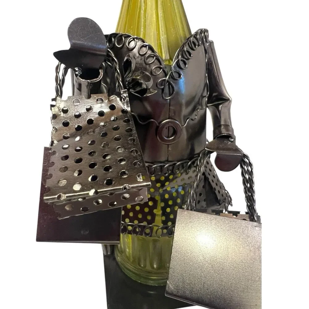Wine Bottle Holder Metal Woman Shopping Bags Bar Cart Decor Display Rare Gift